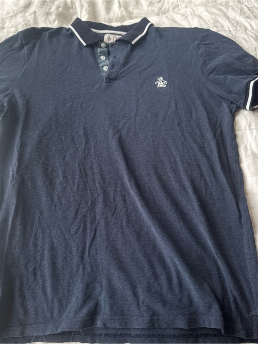 Vintage Penguin Men's Navy Polo Shirt with Contrast Trim large